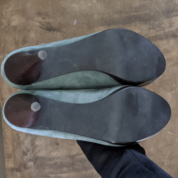 Style & co. Peep Toe Leather Suede Green Pumps With Wooden Heel - Picture 6 of 11